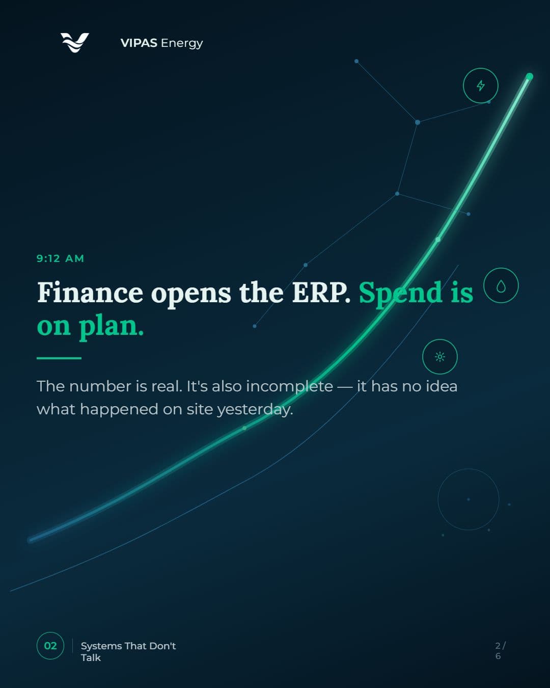 9:12 AM: Finance opens the ERP. Spend is on plan. The number is real, and incomplete — it has no idea what happened on site yesterday.